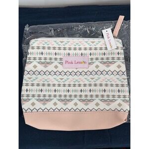 Pink Lemon Tribal Geometric Canvas Makeup Bag Travel Pouch Lined Pastel NEW